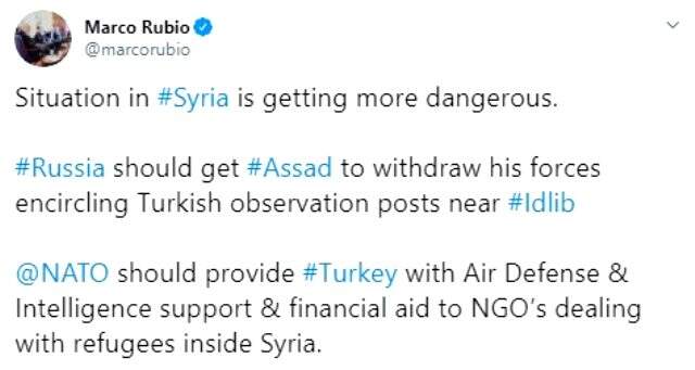 ABD'li Senatörler Lindsay Graham ve Marco Rubio, İdlib konusunda Türkiye'ye destek verilmesi çağrısı yaptı