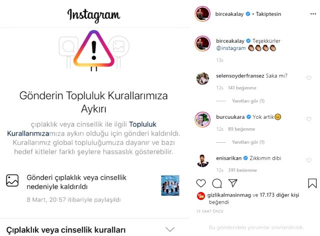 Instagram, oyuncu Birce Akalay'ın Kadınlar Günü paylaşımını cinsel içerikli bularak kaldırdı