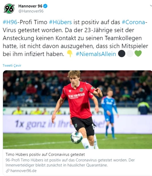 Corona virüse yakalanan ilk futbolcu Hannover 96 forması giyen Timo Hübers oldu