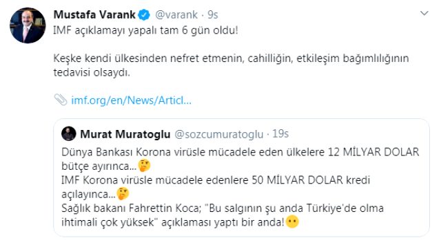 Bakan Varank'tan Sözcü yazarının koronavirüs paylaşımına tepki: Keşke kendi ülkenden nefret etmenin tedavisi olsaydı