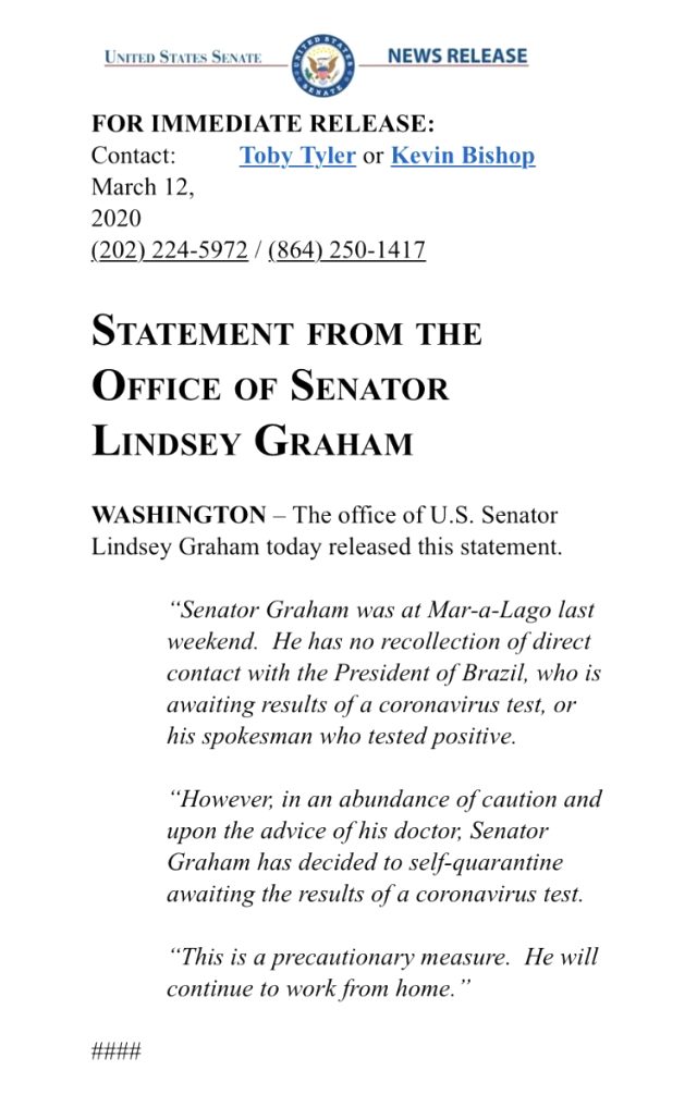 ABD'li senatör Lindsey Graham, koronavirüs ihtimaline karşı kendini karantinaya aldı