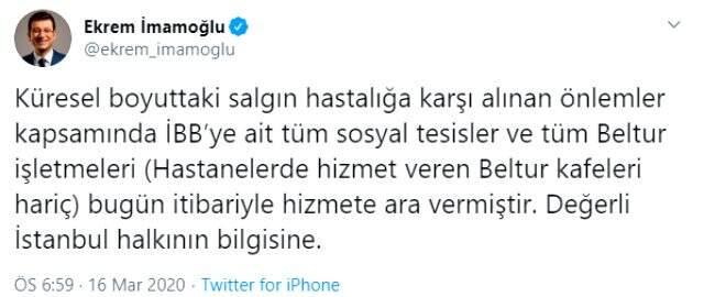 Ekrem İmamoğlu, İBB'ye ait sosyal tesis ve Beltur işletmelerinin hizmetlerine ara verdiğini açıkladı