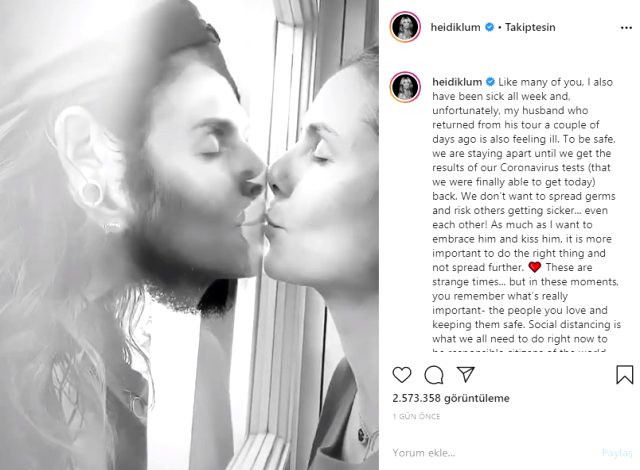 Karantina altına alınan model Heidi Klum, eşinin olduğu camı öperek aşkını gösterdi