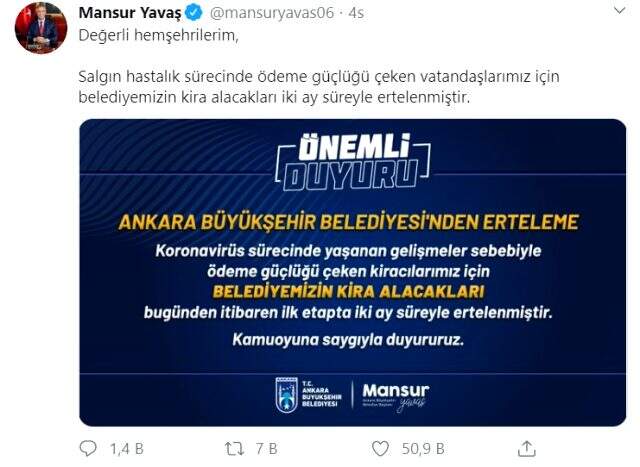 Ankara Büyükşehir Belediyesi, kiracıların borçlarını 2 ay süreyle ertelendi Ankara Büyükşehir Belediyesi, kiracıların borçlarını 2 ay süreyle ertelendi