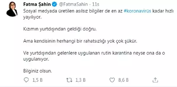 Fatma Şahin, kızının karantinadan kaçtığı iddiasını yalanladı: Rutin karantina uygulanıyor