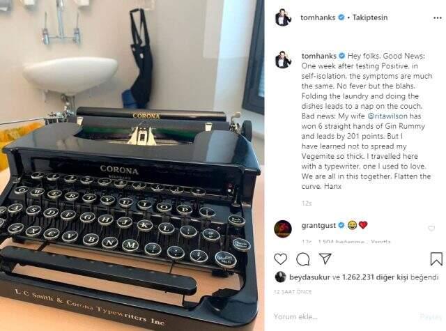 Koronavirüse yakalanan Tam Hanks, Instagram'dan Corona markalı daktilo paylaşarak espri yaptı