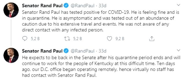 ABD'li Senatör Rand Paul'un koronavirüs testi pozitif çıktı