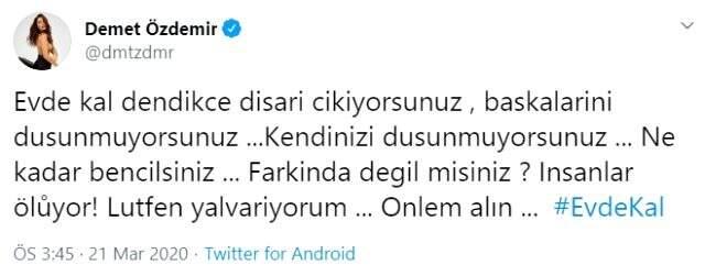 Oyuncu Demet Özdemir, yasaklara rağmen dışarı çıkanlara isyan etti: Yalvarıyorum önlem alın Oyuncu Demet Özdemir, yasaklara rağmen dışarı çıkanlara isyan etti: Yalvarıyorum önlem alın