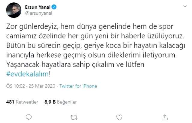 Ersun Yanal'dan evde kal çağrısı Ersun Yanal'dan evde kal çağrısı