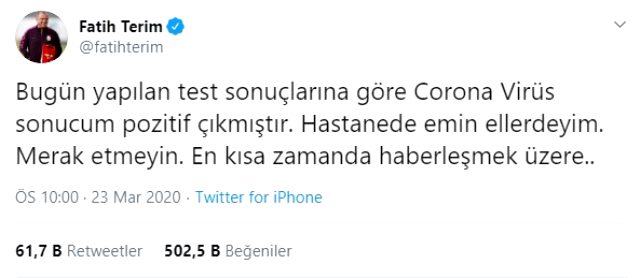 Fatih Terim'in koronavirüs tweeti, Türk spor tarihinin en çok beğeni alan tweeti oldu