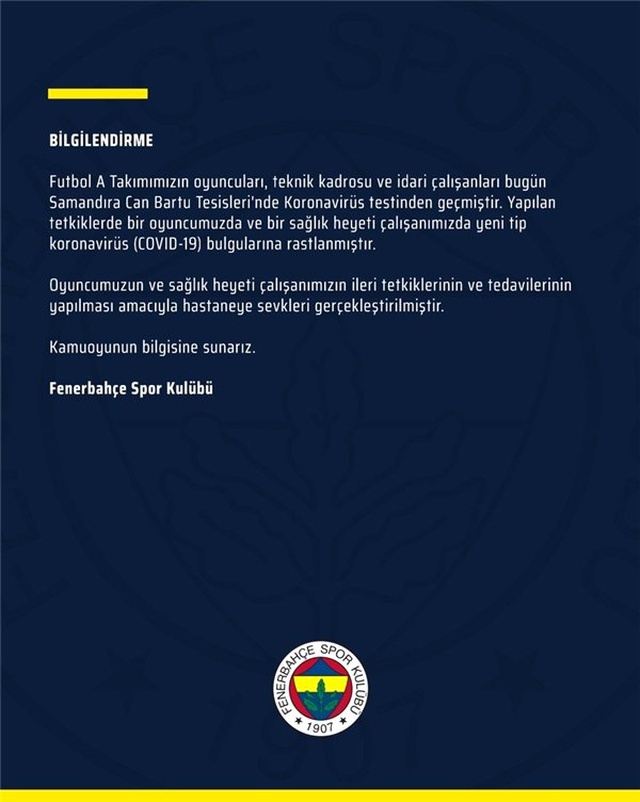 Fenerbahçe'de bir futbolcuda corona virüsü bulgularına rastlandı