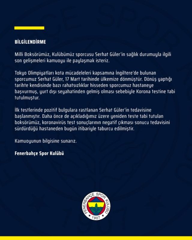 Fenerbahçe, Serhat Güler'in hastaneden taburcu edildiğini açıkladı