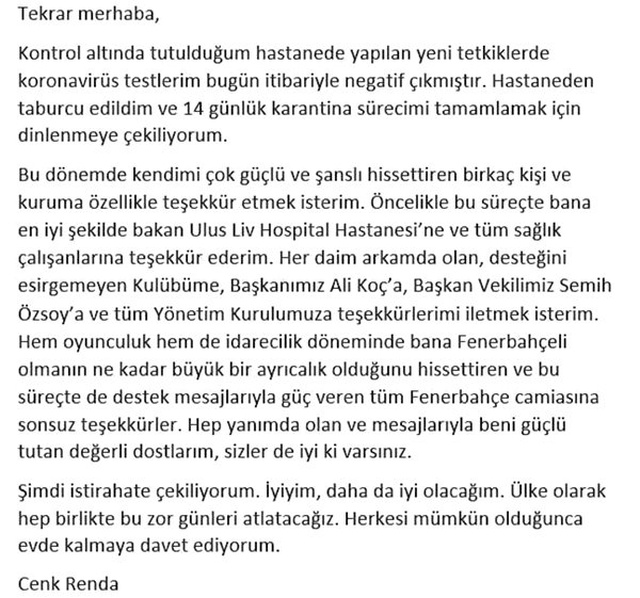 Fenerbahçe'de Cenk Renda'dan sevindiren haber! Corona virüsü testi negatif
