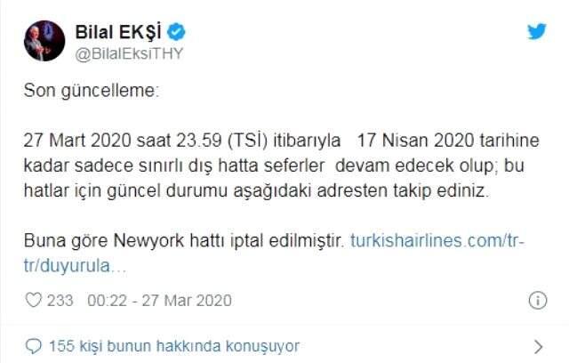 THY, koronavirüs salgını nedeniyle New York uçuşlarını durdurdu