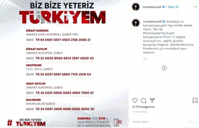 Mustafa Ceceli, Cumhurbaşkanı Erdoğan'ın başlattığı kampanyaya 50 bin TL bağışlayarak destek oldu