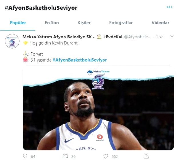 Afyon Belediyespor'dan 1 Nisan paylaşımı: Hoş geldin Kevin Durant