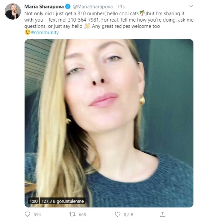 Maria Sharapova, karantinada hayranlarıyla sohbet etmek için sosyal medyadan telefon numarasını paylaştı