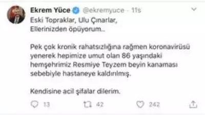 86 yaşında koronayı yenen Resmiye teyze, beyin kanaması geçirdi