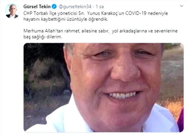 CHP Torbalı ilçe yöneticisi Yunus Karakoç, koronavirüs nedeniyle hayatını kaybetti