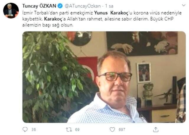 CHP Torbalı ilçe yöneticisi Yunus Karakoç, koronavirüs nedeniyle hayatını kaybetti