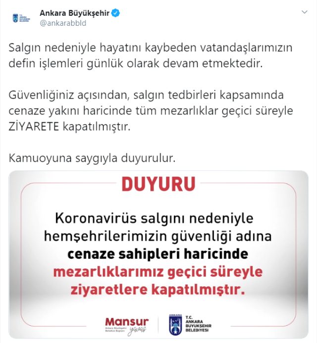 Son Dakika: Ankara'da salgın tedbirleri için mezarlıklar ziyarete kapatıldı