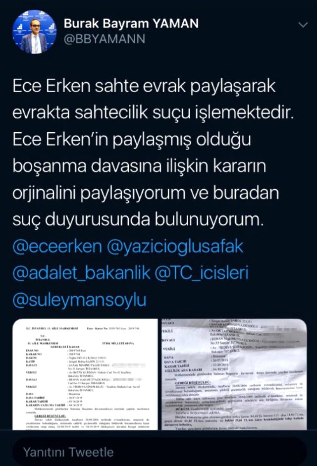 Avukat Burak Bayram, evli sevgilisinin sahte boşanma belgesini paylaşan Ece Erken hakkında suç duyurusunda bulundu