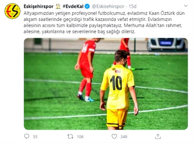 Eskişehirspor'da oynayan Kaan Öztürk, trafik kazası sonucu hayatını kaybetti