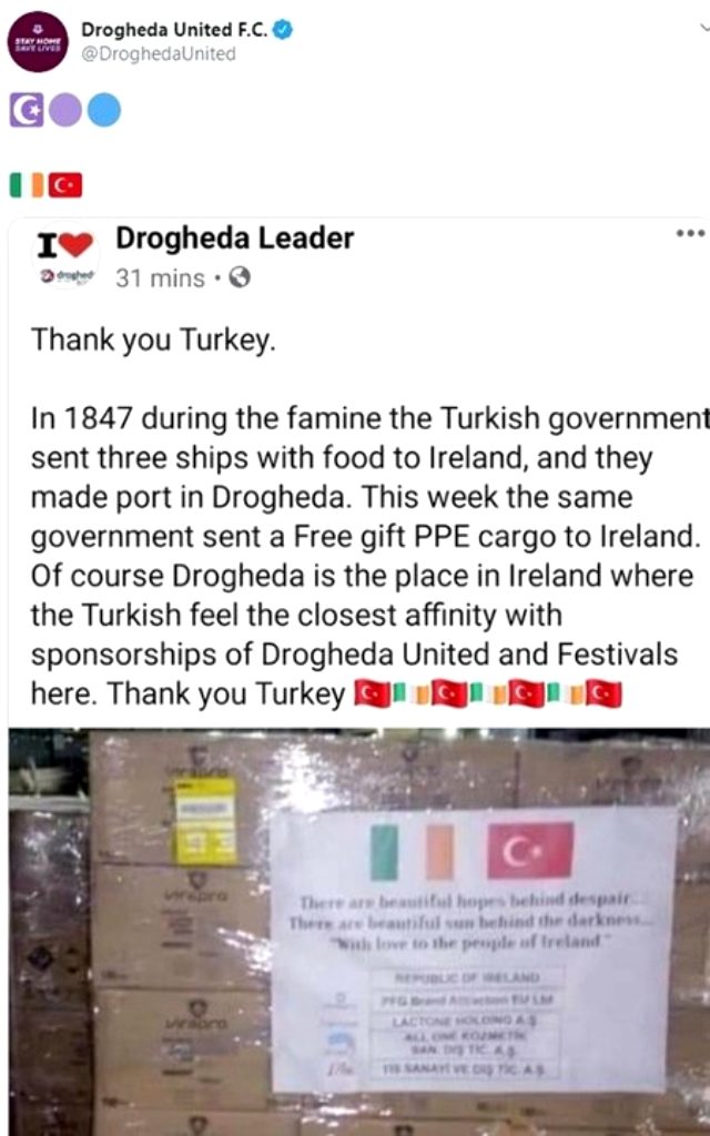 Drogheda United, Türkiye'ye koronavirüs yardımı için Osmanlı'yı hatırlatarak teşekkür etti