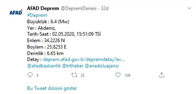 Akdeniz'de 6,4 büyüklüğünde deprem oldu