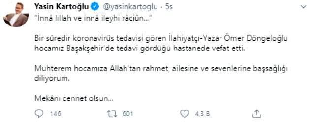 Ömer Döngeloğlu'nun vefatının ardından birçok siyasi isim taziye mesajı yayınladı