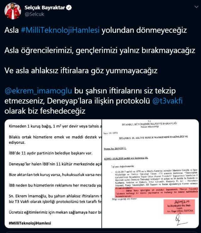 Bayraktar'dan İmamoğlu'na çağrı: Ya bu iftiraları tekzip edin ya da sözleşmeyi feshederiz Bayraktar'dan İmamoğlu'na çağrı: Ya bu iftiraları tekzip edin ya da sözleşmeyi feshederiz