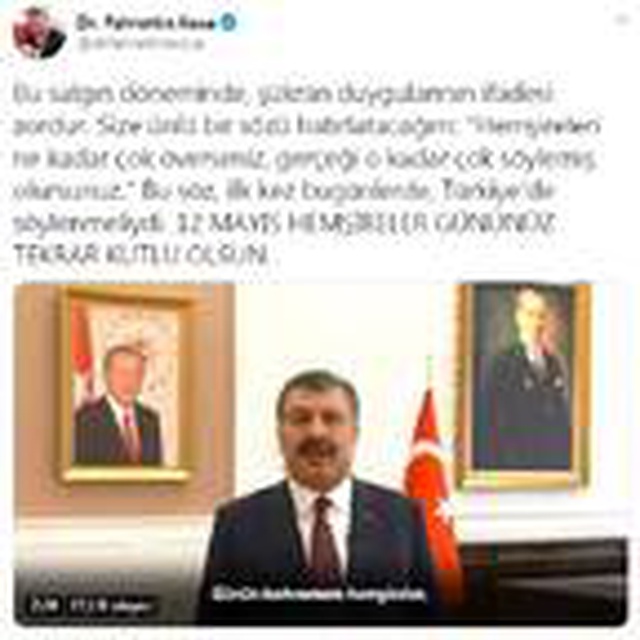 Sağlık Bakanı <a class='keyword-sd' href='/fahrettin-koca/' title='Fahrettin Koca'>Fahrettin Koca</a>, videolu mesaj ile Hemşireler Günü'nü kutladı