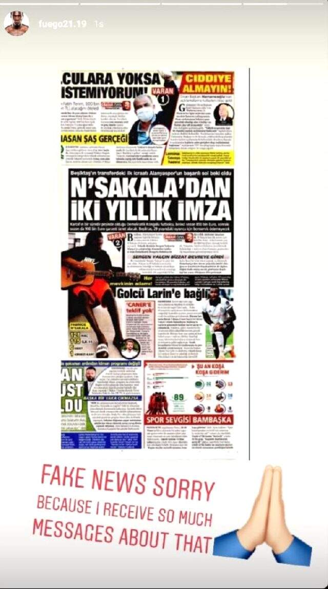 N'Sakala, Beşiktaş'la sözleşme imzaladığına dair çıkan haberleri yalanladı N'Sakala, Beşiktaş'la sözleşme imzaladığına dair çıkan haberleri yalanladı