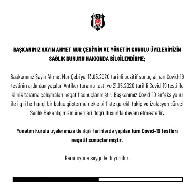 Koronaya yakalanan Beşiktaş Başkanı Ahmet Nur Çebi'nin son test sonucu negatif çıktı