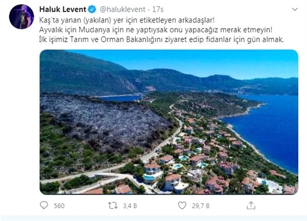 Haluk Levent'ten Kaş yangını paylaşımı: İlk işimiz fidanlar için gün almak Haluk Levent'ten Kaş yangını paylaşımı: İlk işimiz fidanlar için gün almak