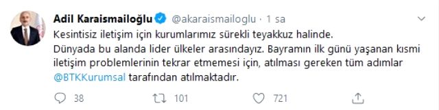 Ulaştırma ve Altyapı Bakanı Karaismailoğlu, bayramda sorun yaşayan GSM operatörleriyle ilgili açıklama yaptı