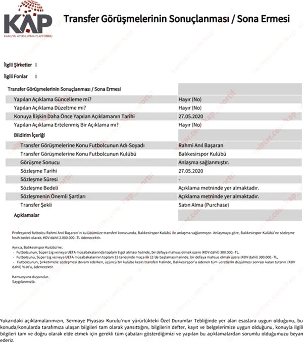 Trabzonspor, Rahmi Anıl Başaran transferinin rakamlarını KAP'a bildirdi