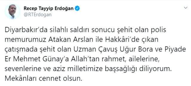 Cumhurbaşkanı Erdoğan'dan şehitler için başsağlığı mesajı