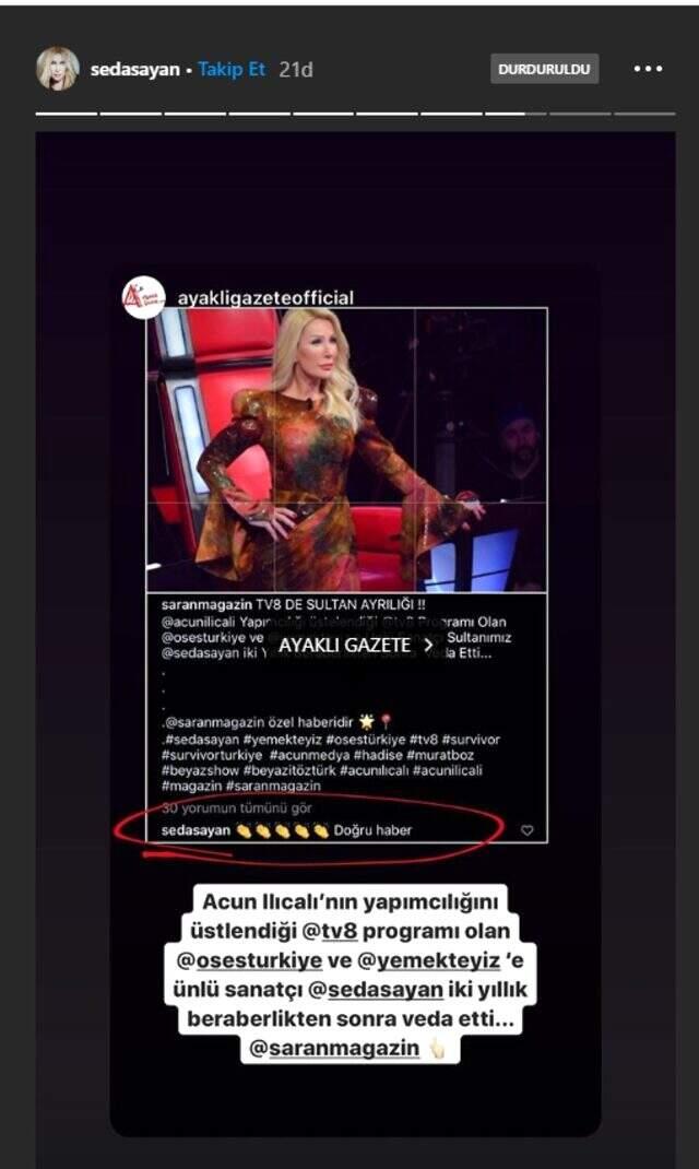 Seda Sayan, O Ses Türkiye'nin ardından Yemeteyiz'i de bıraktı