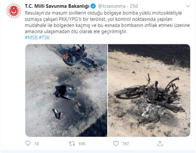 MSB: 'Resulayn'da masum sivillerin olduğu bölgeye bomba yüklü motosikletiyle sızmaya çalışan...