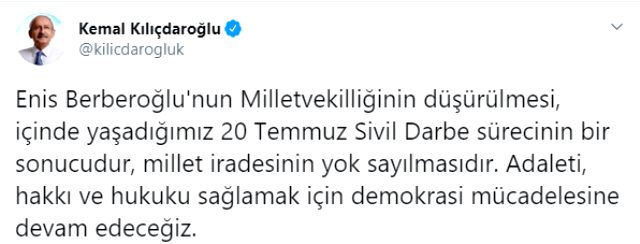 Son dakika: CHP'li Enis Berberoğlu, HDP'li Musa Farisoğulları ve HDP'li Leyla Güven'in milletvekillikleri düşürüldü