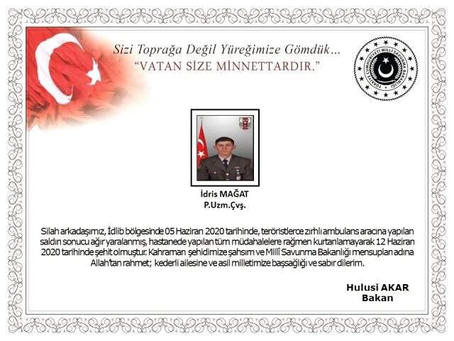 Son Dakika: İdlib'de 5 Haziran günü zırhlı ambulansa yapılan saldırıda yaralanan askerimiz şehit oldu Son Dakika: İdlib'de 5 Haziran günü zırhlı ambulansa yapılan saldırıda yaralanan askerimiz şehit oldu