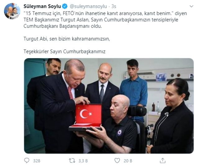 Bakan Soylu'dan Turgut Aslan paylaşımı geldi: Sen bizim kahramanımızsın