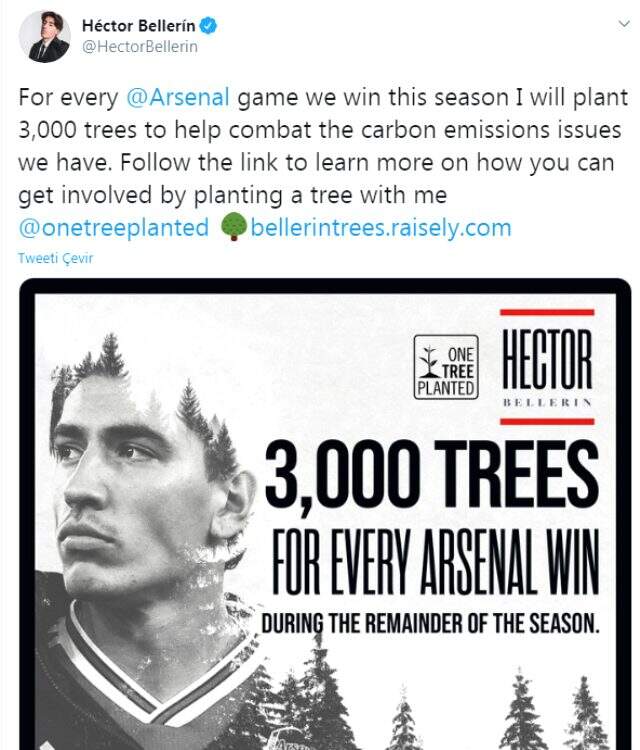 Hector Bellerin'den alkış toplayan kampanya: Her galibiyete 3 bin ağaç Hector Bellerin'den alkış toplayan kampanya: Her galibiyete 3 bin ağaç