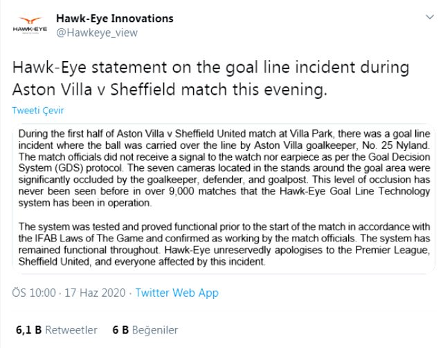 Gol çizgisi teknolojisini sağlayan şirket, Aston Villa - Sheffield maçındaki hatalı karar için özür diledi