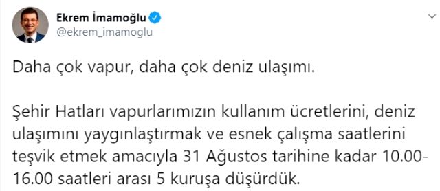 Son Dakika: İstanbul'da şehir hatları vapurları 10.00-16.00 saatleri arasında 5 kuruş olacak