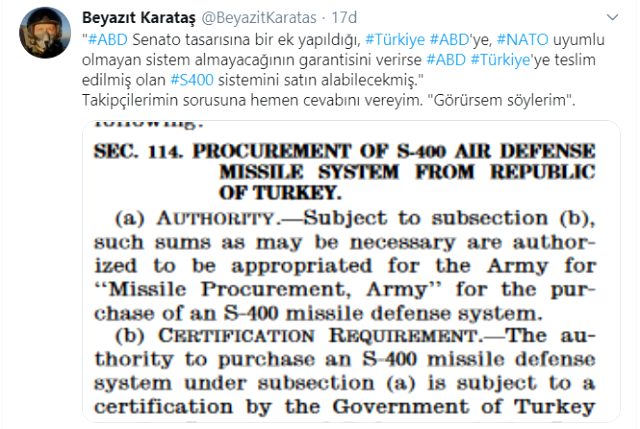 ABD Senatosu'ndan şartlı S-400 teklifi! Savunma Bakanlığı'na Türkiye'nin elindeki S-400 sistemini satın alma yetkisi verildi