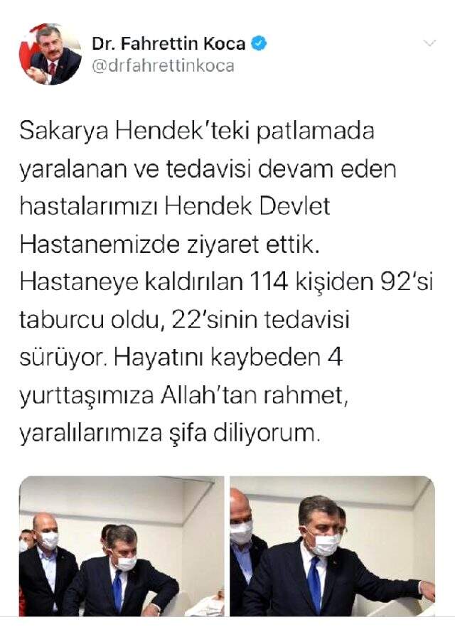 Bakan Koca, fabrika patlamasında yaralanan 114 kişiden 92'sinin taburcu olduğunu söyledi Bakan Koca, fabrika patlamasında yaralanan 114 kişiden 92'sinin taburcu olduğunu söyledi