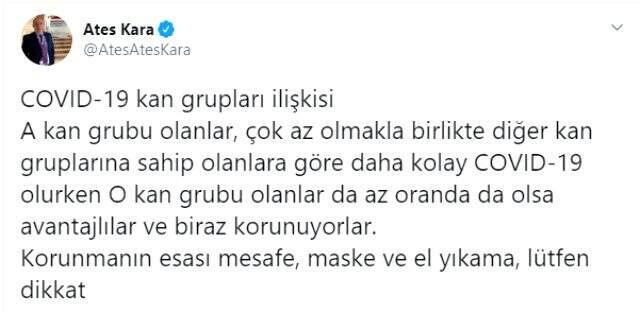 Bilim Kurulu Üyesi Ateş Kara, koronavirüs için avantajlı ve dezavantajlı kan gruplarını paylaştı