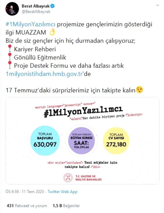 Bakan Albayrak 1 milyon yazılımcı projesine başvuru sayısının 630 bini geçtiğini duyurdu Açıklaması Bakan Albayrak 1 milyon yazılımcı projesine başvuru sayısının 630 bini geçtiğini duyurdu Açıklaması
